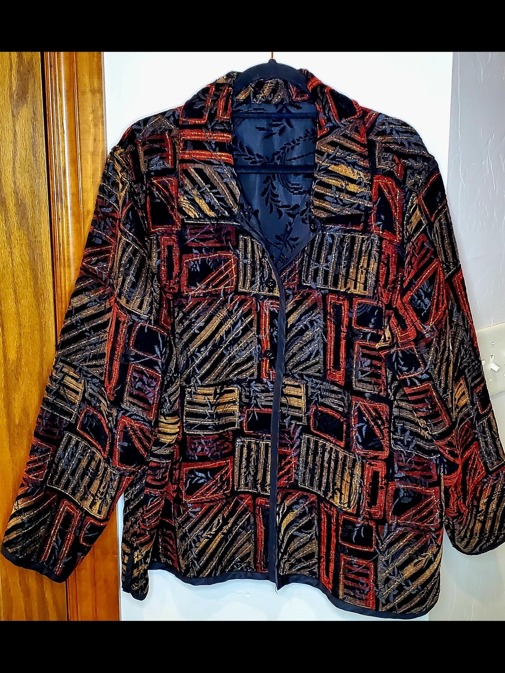 Coldwater Creek Reversible Jacket Red/Gold/black Geometric to Black Satin Sz 20W